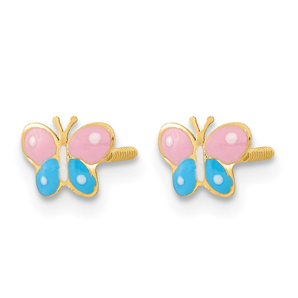 14k Madi K Polished Pink and Blue Enameled Butterfly Screwback Post Earrings