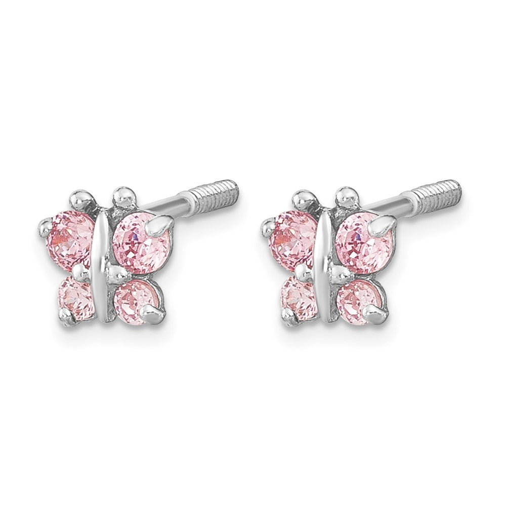 14k White Gold Madi K Polished Pink CZ Butterfly Screwback Post Earrings