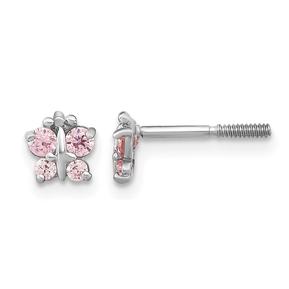 14k White Gold Madi K Polished Pink CZ Butterfly Screwback Post Earrings