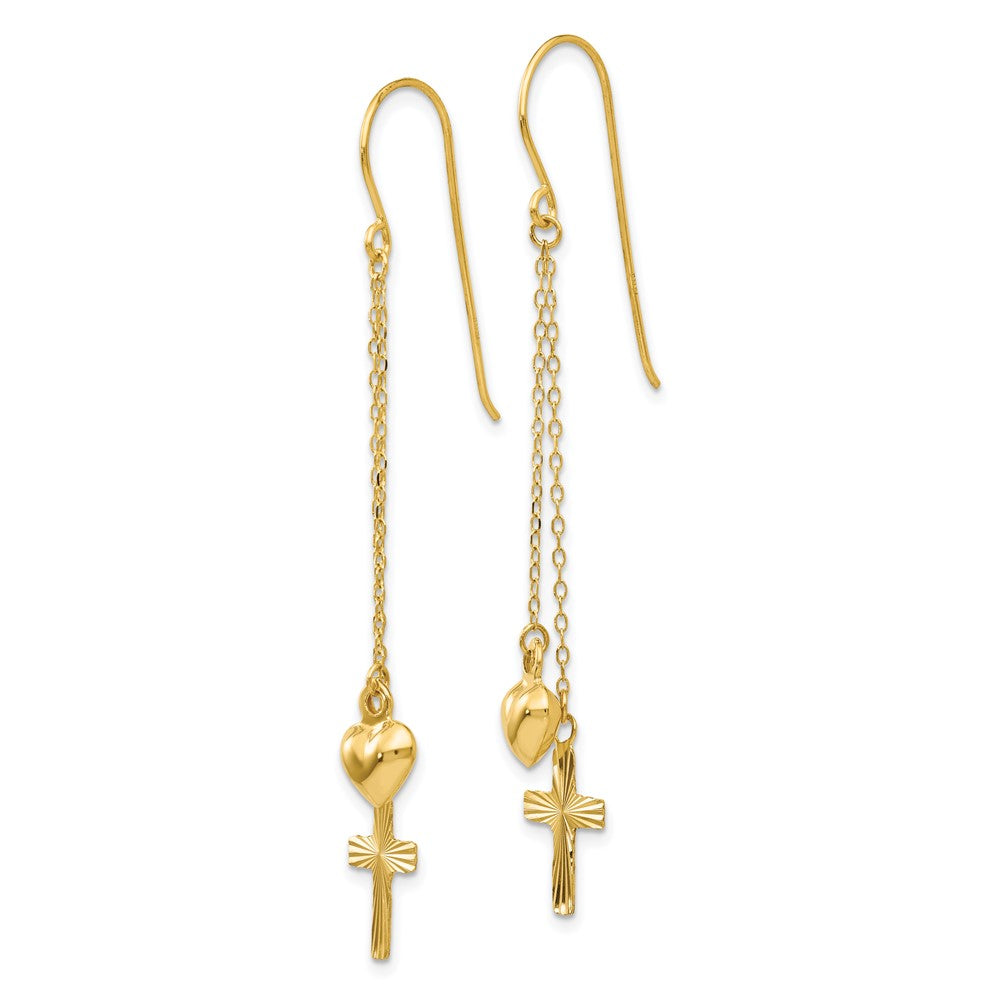 14K Ropa Chain Puffed Heart and Diamond Cut Cross Dangle Earrings