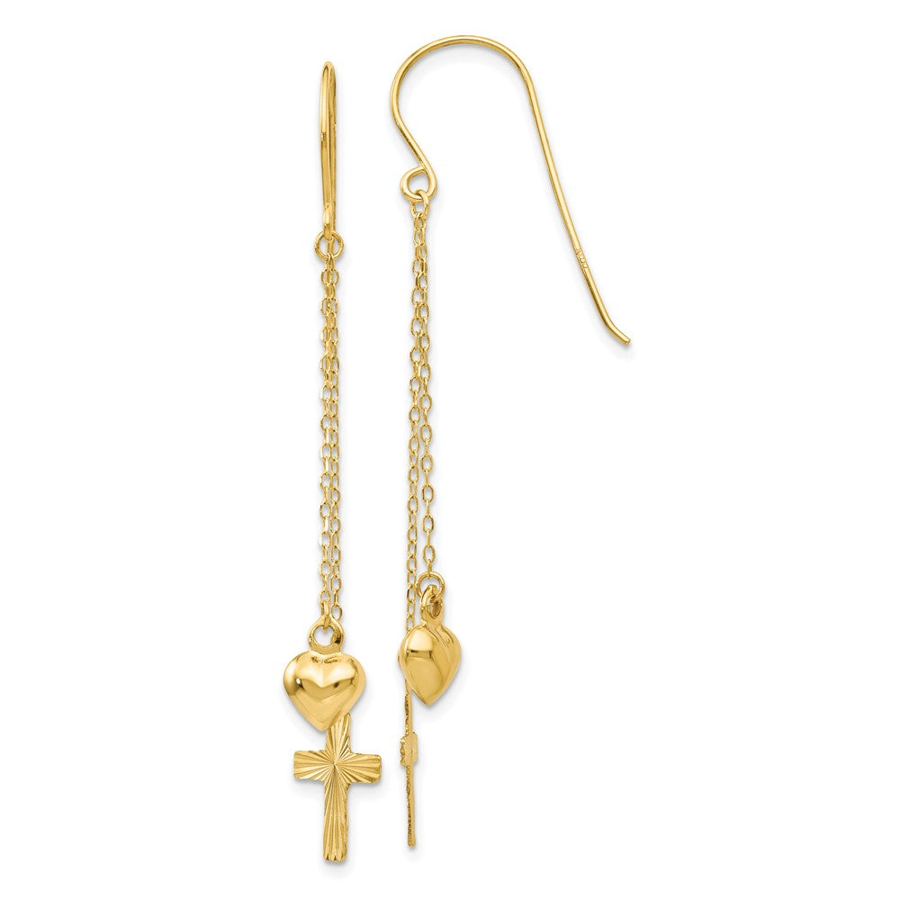 14K Ropa Chain Puffed Heart and Diamond Cut Cross Dangle Earrings