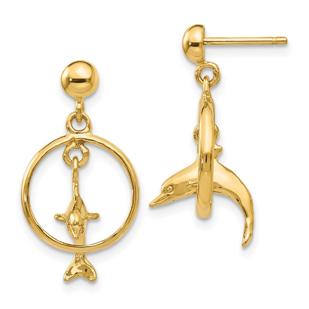 14K Polished 3-D Dolphin Jumping Through Hoop Dangle Earrings