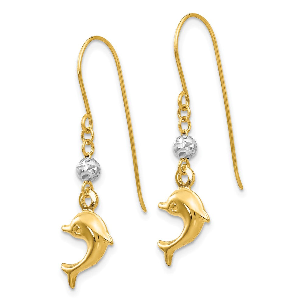 14K Two Toned Puffed Dolphin Shepherd Hook Earrings