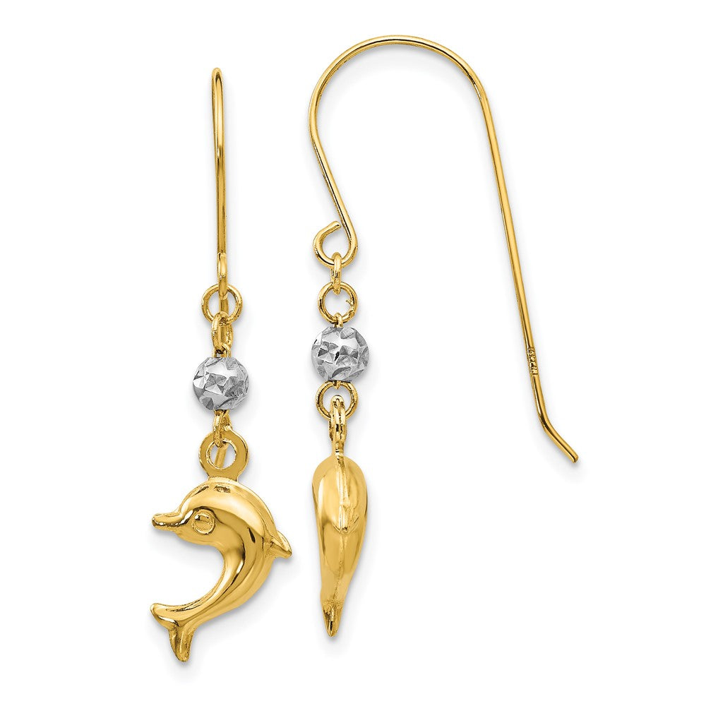 14K Two Toned Puffed Dolphin Shepherd Hook Earrings