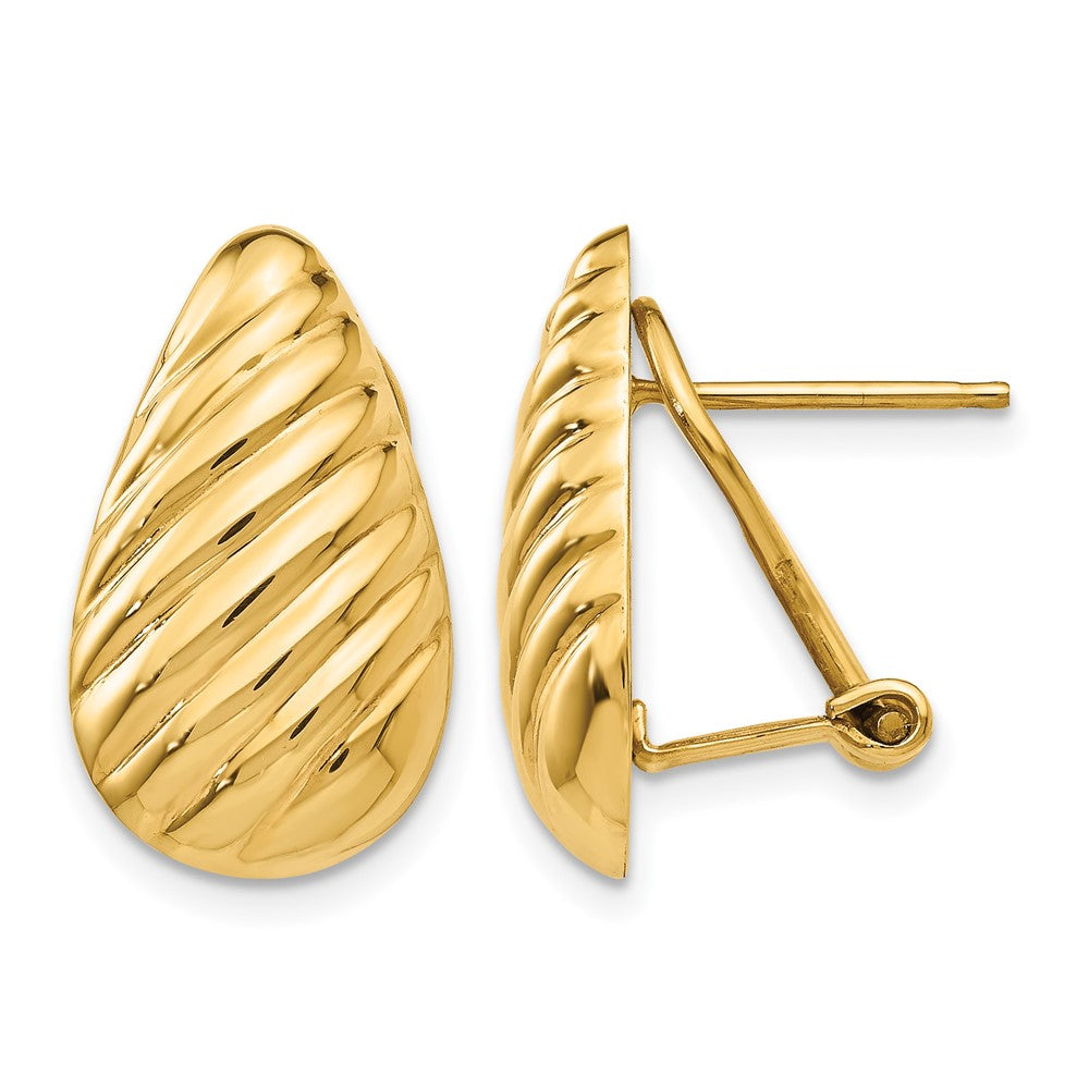 14k 11x Polished Diagonal Stripe Teardrop Omega Back Post Earrings