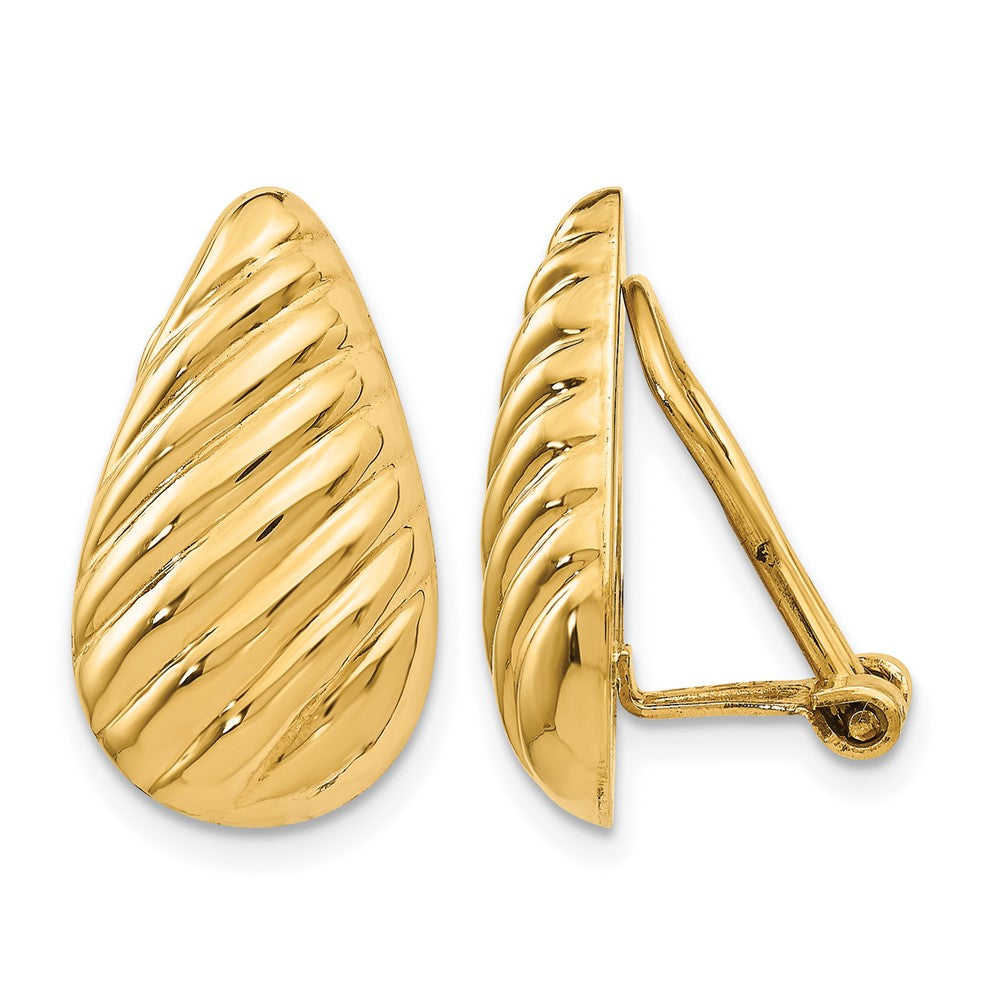 14k 11x Polished Diagonal Stripe Teardrop Omega Back Non-pierced Earrings