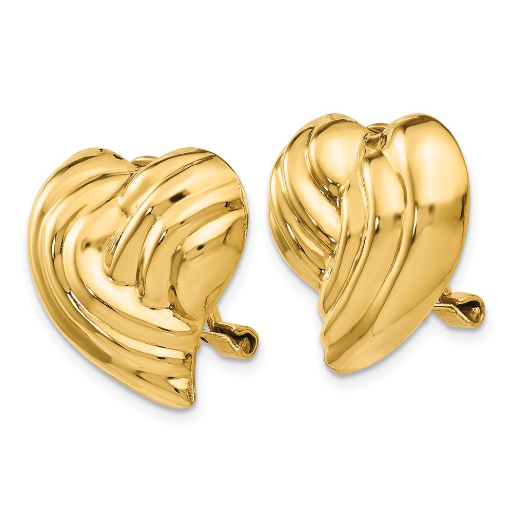 14k Striped Heart Omega Back Non-pierced Earrings