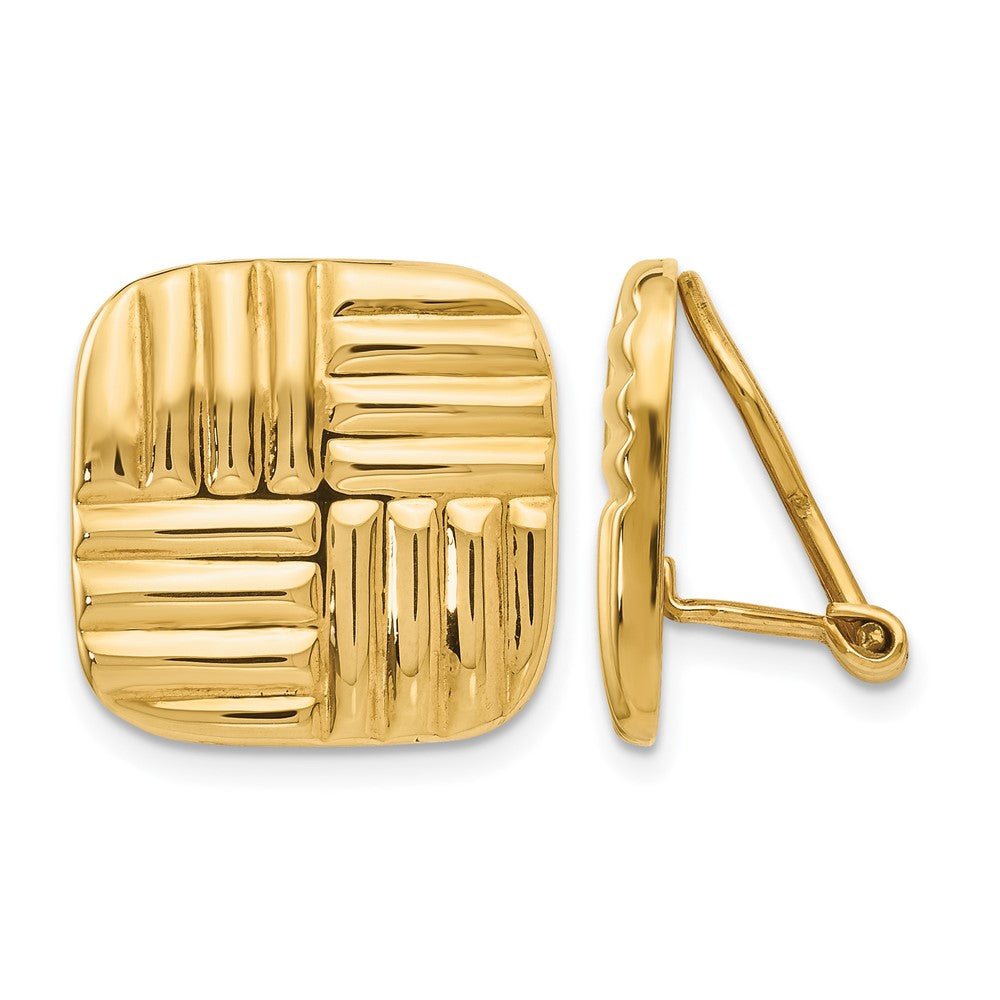 14k Square Basketweave Omega Back Non-pierced Earrings
