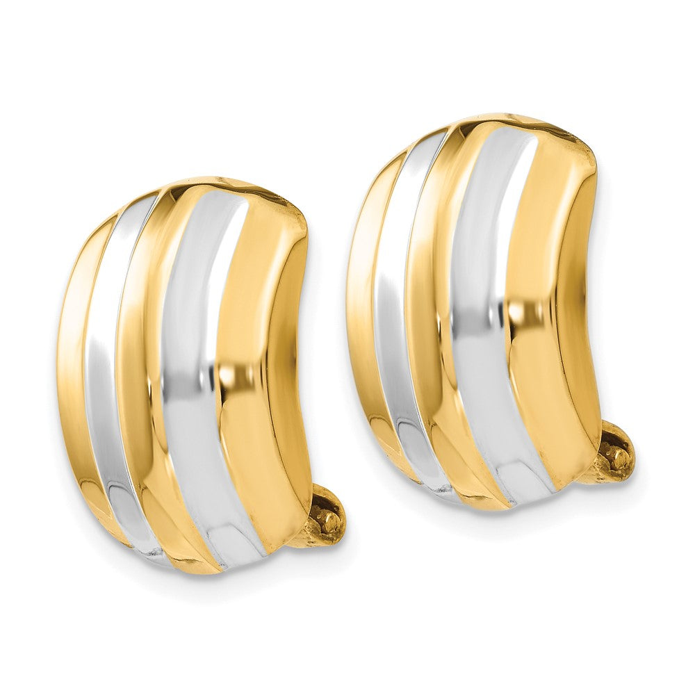 14k and White Rhodium 12x Polished Ribbed Omega Back Non-pierced Earrings