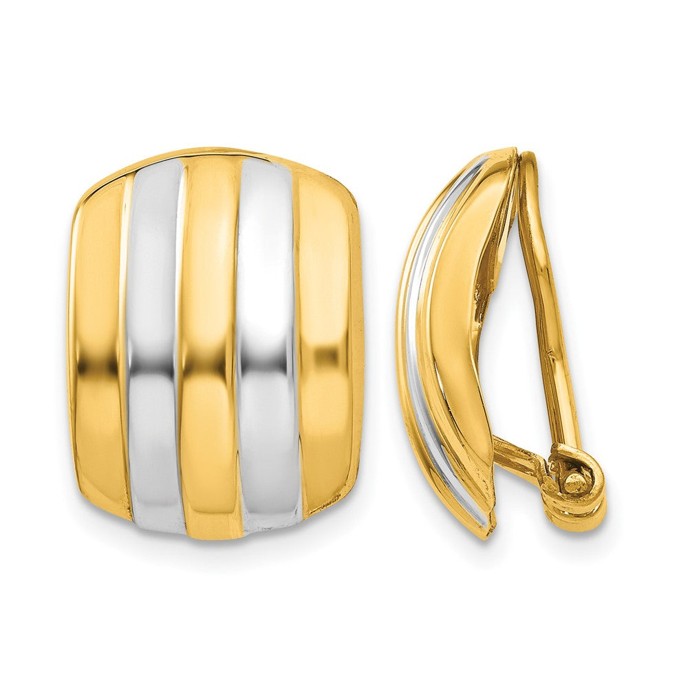 14k and White Rhodium 12x Polished Ribbed Omega Back Non-pierced Earrings