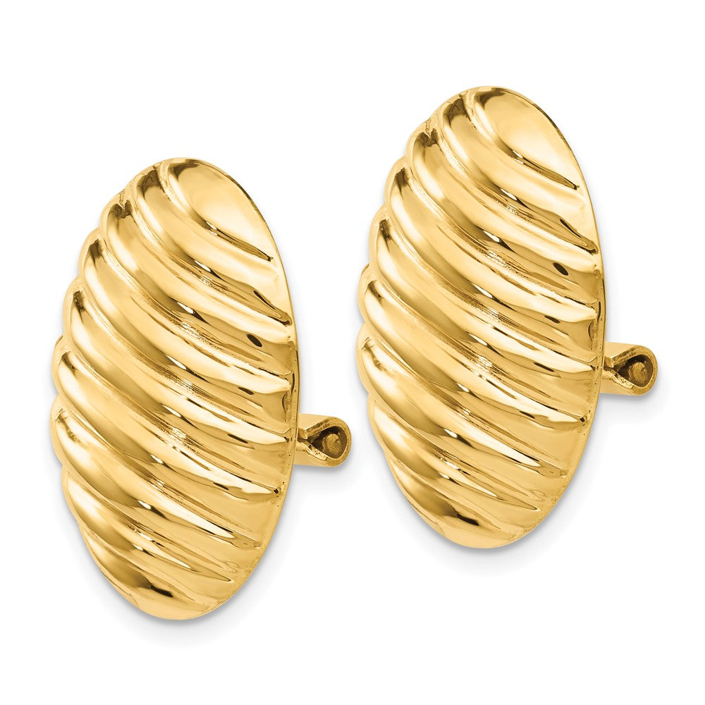 14k 15x Oval Button Polished Striped Omega Back Non-pierced Earrings