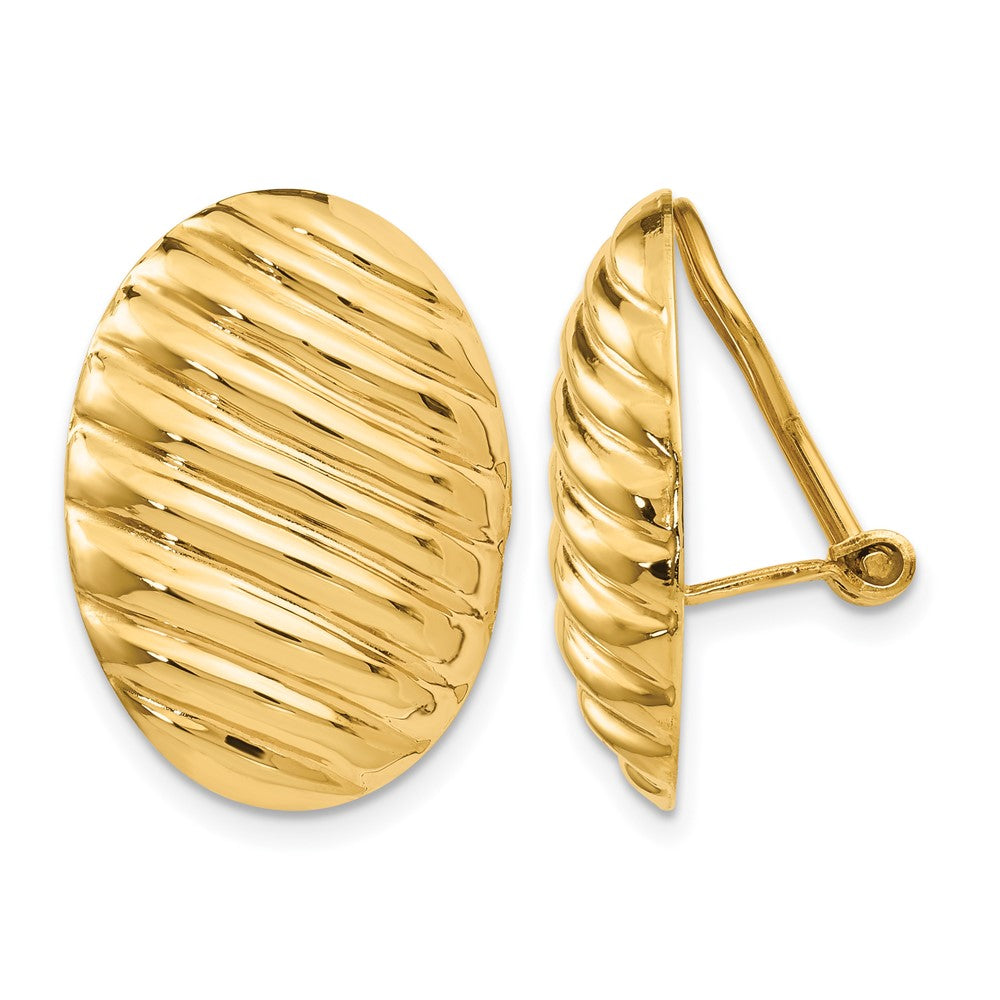14k 15x Oval Button Polished Striped Omega Back Non-pierced Earrings
