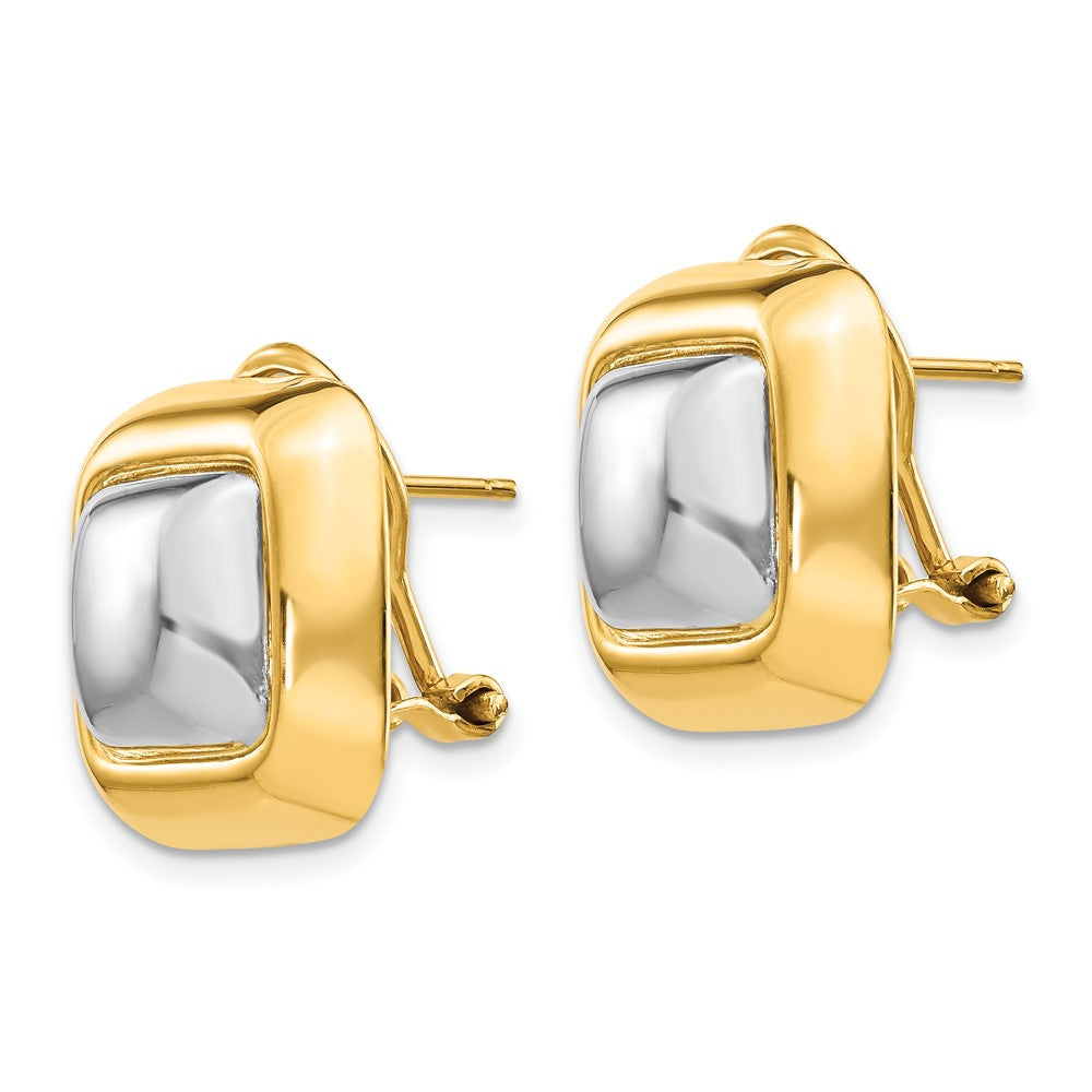 14k Polished & Rhodium Square Omega Back Post Earrings