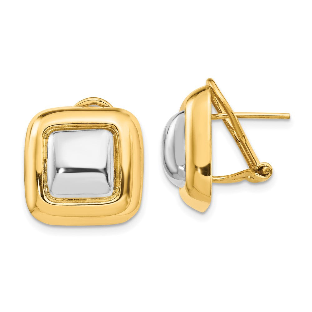 14k Polished & Rhodium Square Omega Back Post Earrings