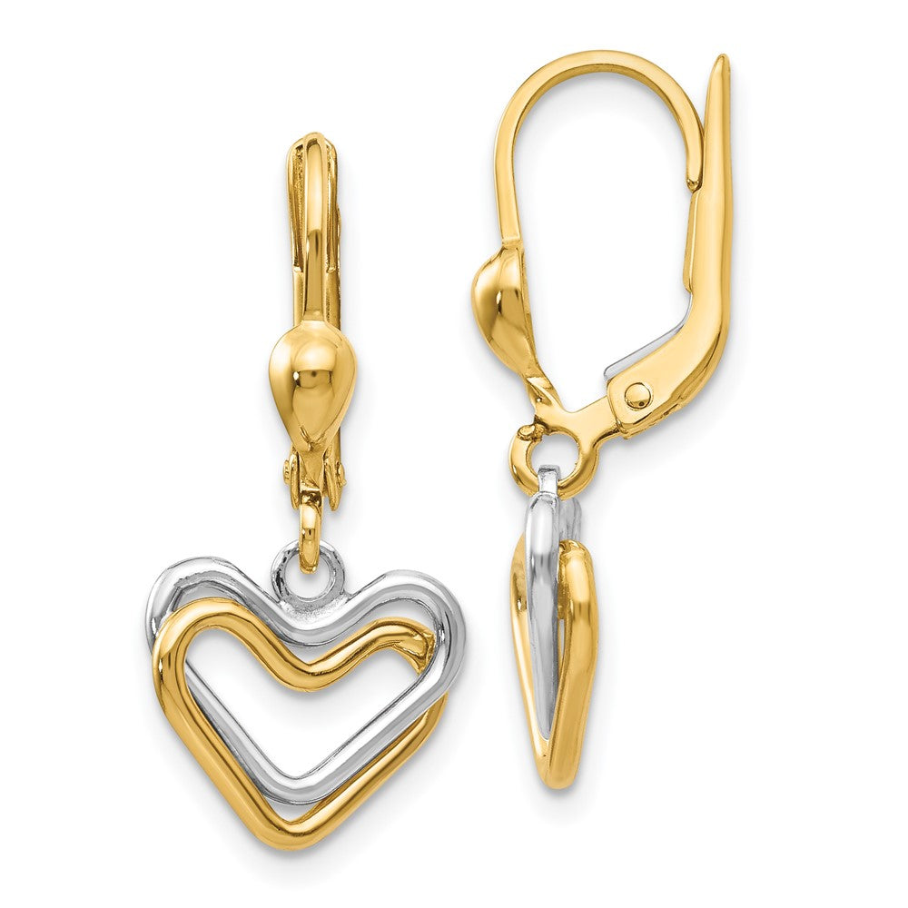 14k Two-tone Heart Leverback Dangle Earrings