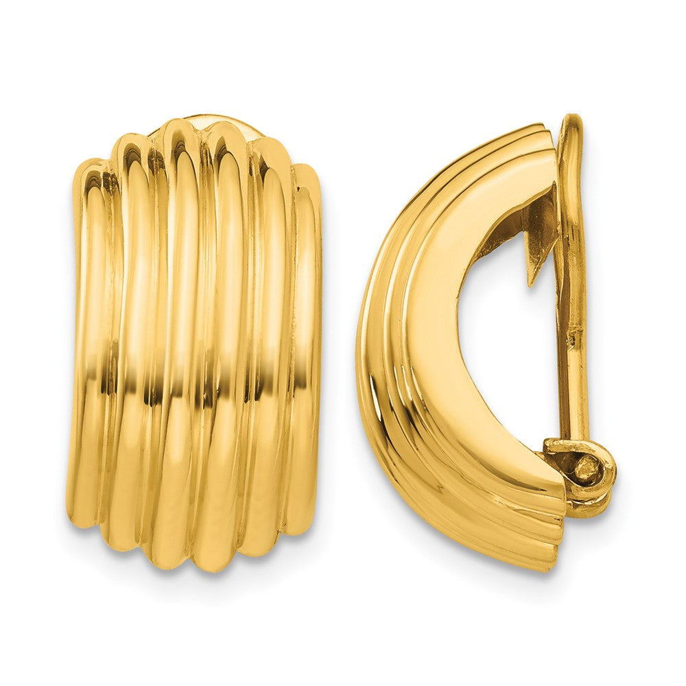 14k 9.5x Polished Ribbed Half Hoop Omega Back Non-pierced Earrings