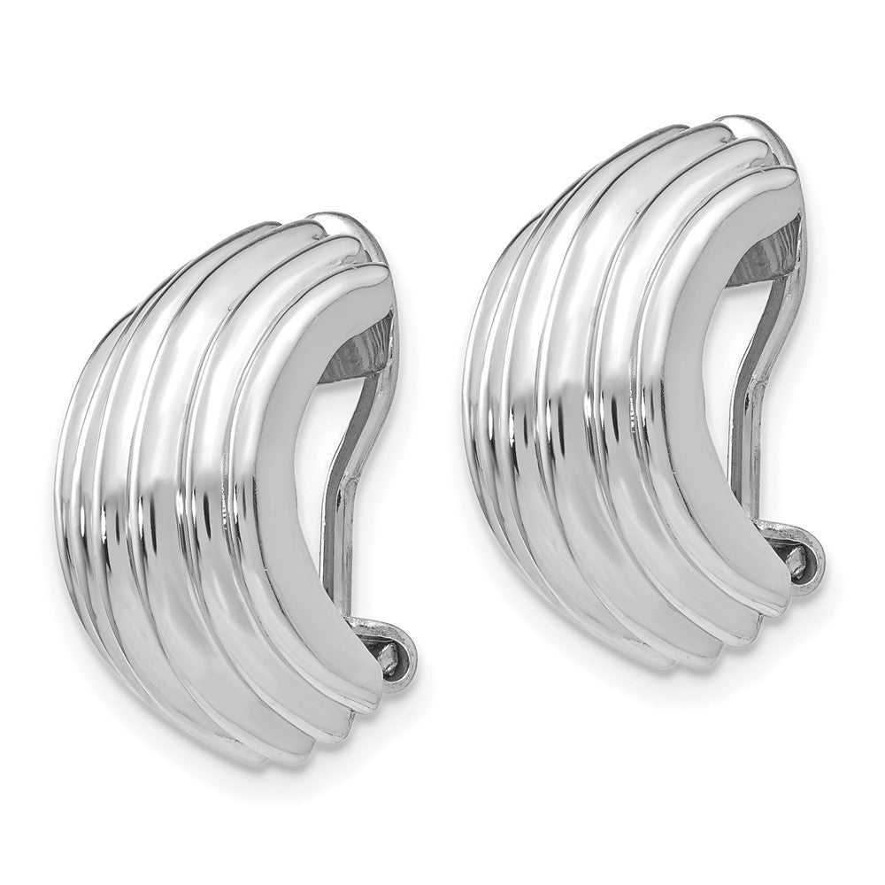 14k White Gold 9.5x Polished Ribbed Half Hoop Omega Back Non-pierced Earrings