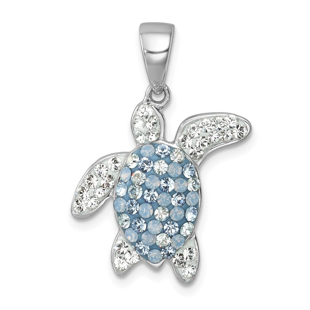 Sterling Silver Rhodium-plated Polished Blue and White Crystal Turtle Pendant