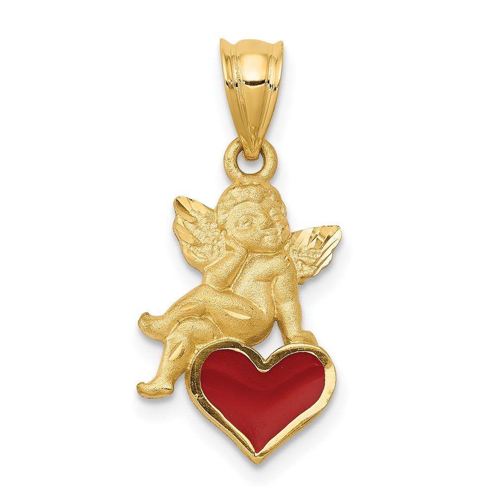14k Red Enameled Angel on Heart Pendant