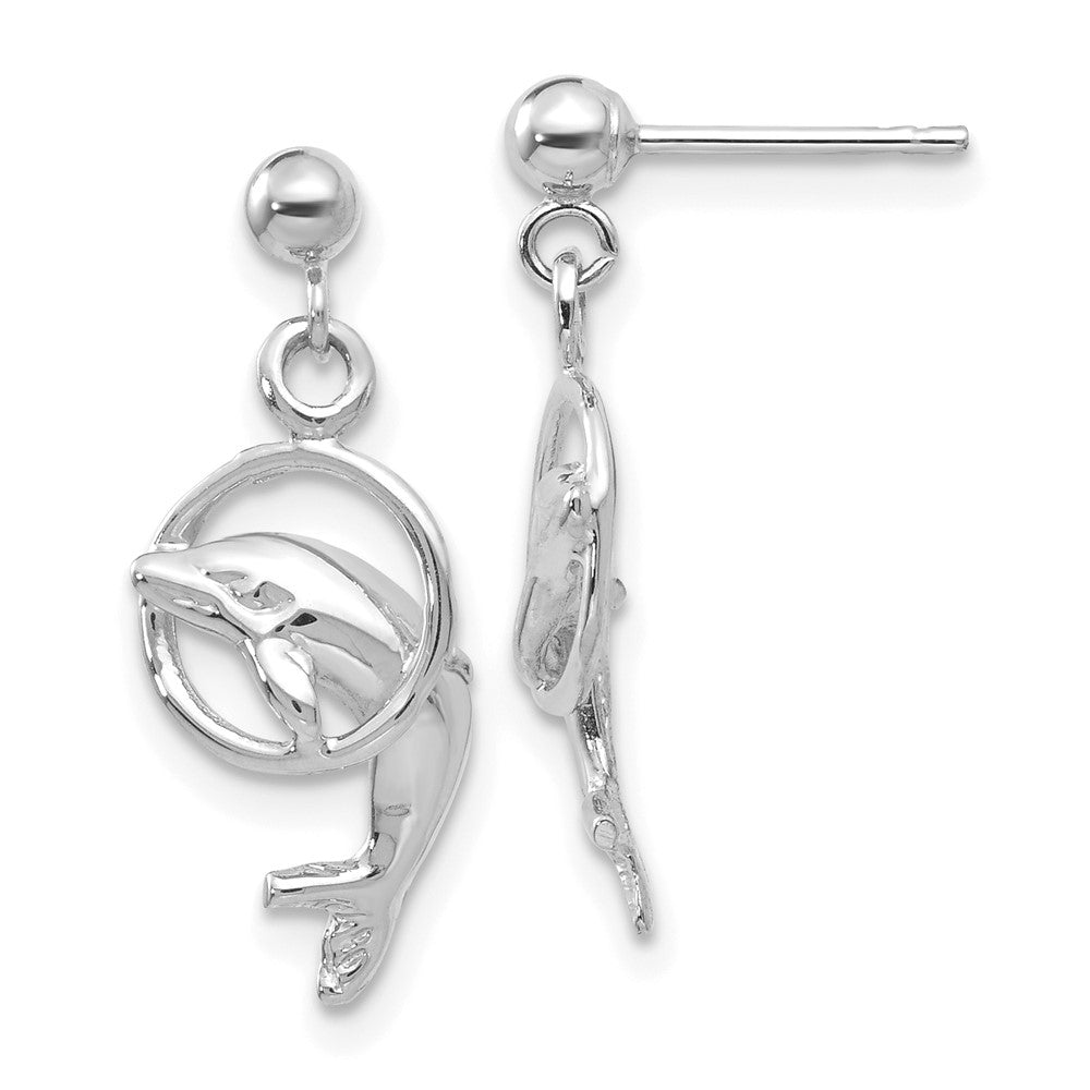 14k White Gold Polished Dolphin Jumping Through Hoop Dangle Post Earrings
