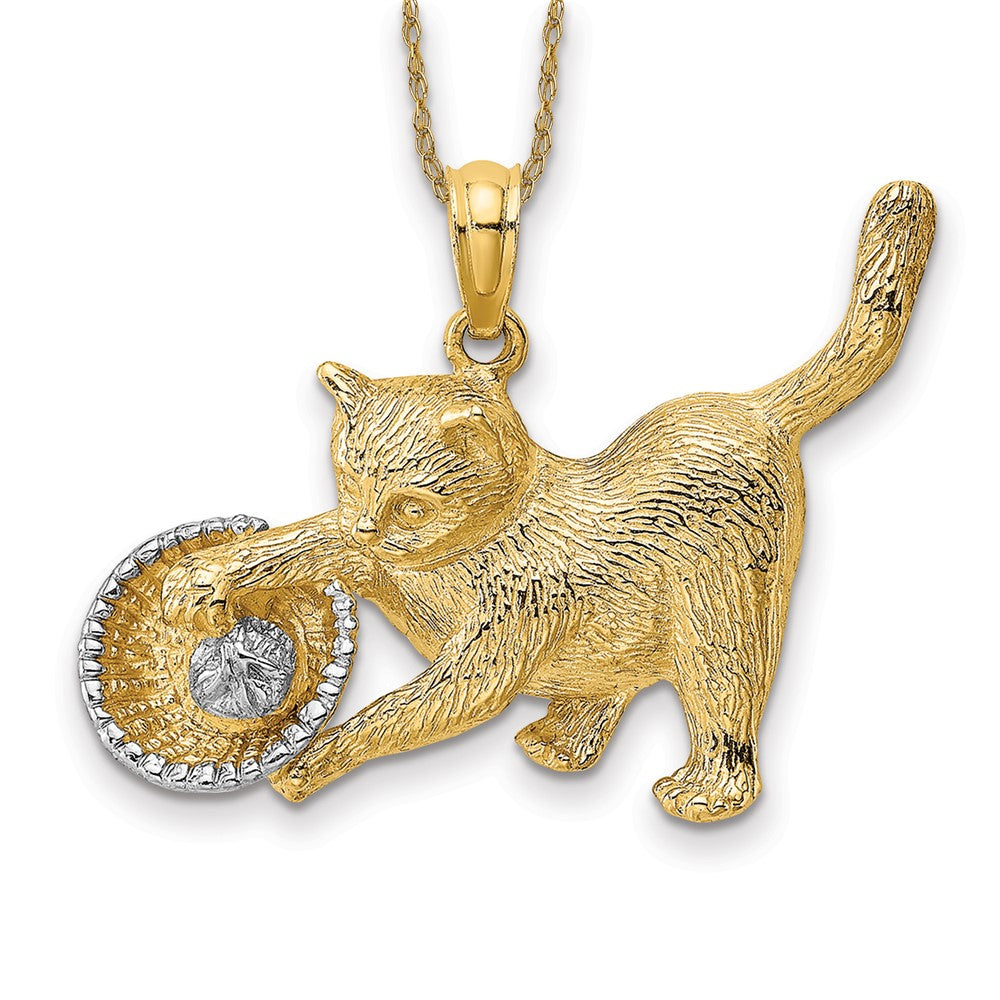 14k Rhodium Cat Playing with Yarn in Basket Necklace