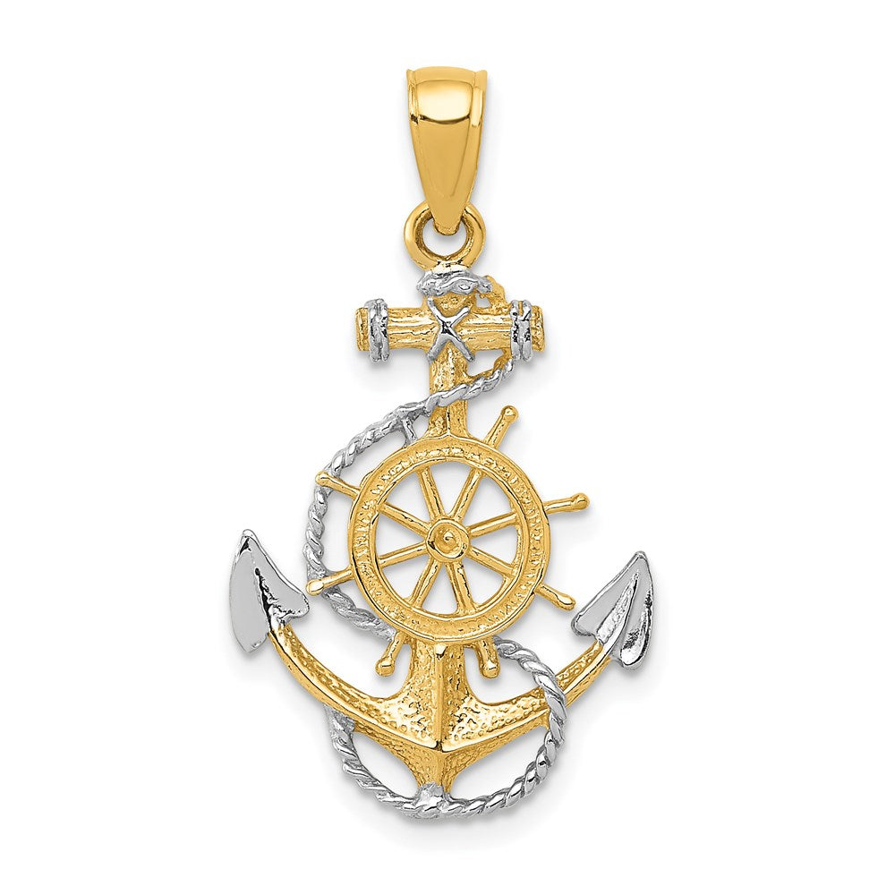 14K and White Rhodium Anchor with Rope and Ships Wheel Pendant