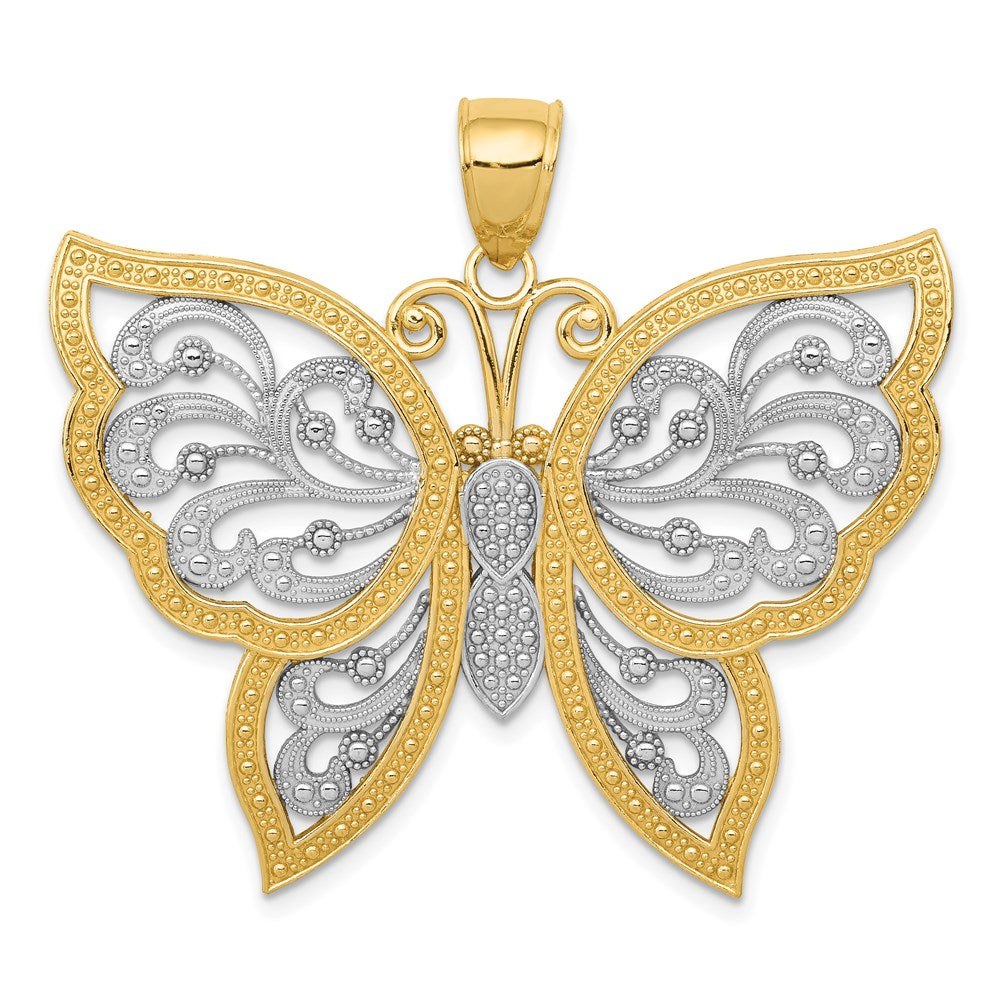 14k w/Rhodium Diamond Cut Butterfly Pendant