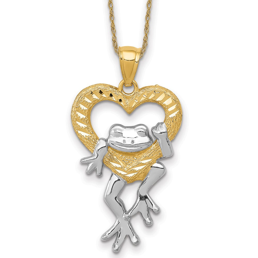 14k Rhodium Diamond-cut Frog in Heart Necklace