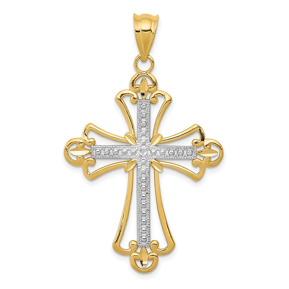 14K and White Rhodium Budded Cross Pendant