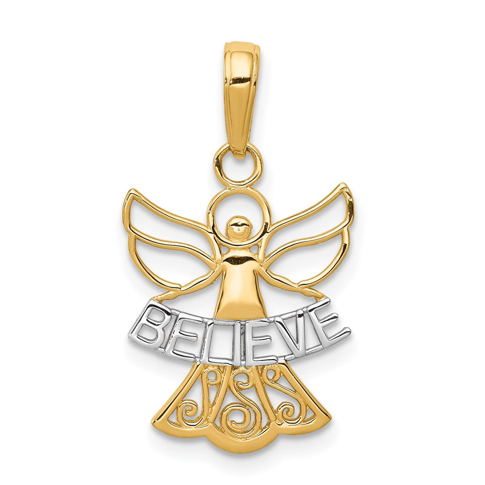14K and White Rhodium BELIEVE Angel Pendant