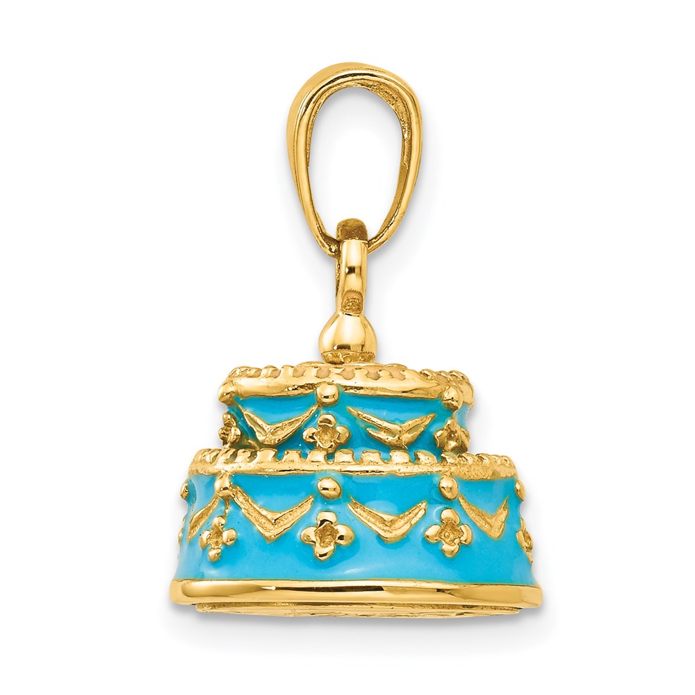 14K 3-D Aqua Blue Enameled HAPPY BIRTHDAY Cake Pendant