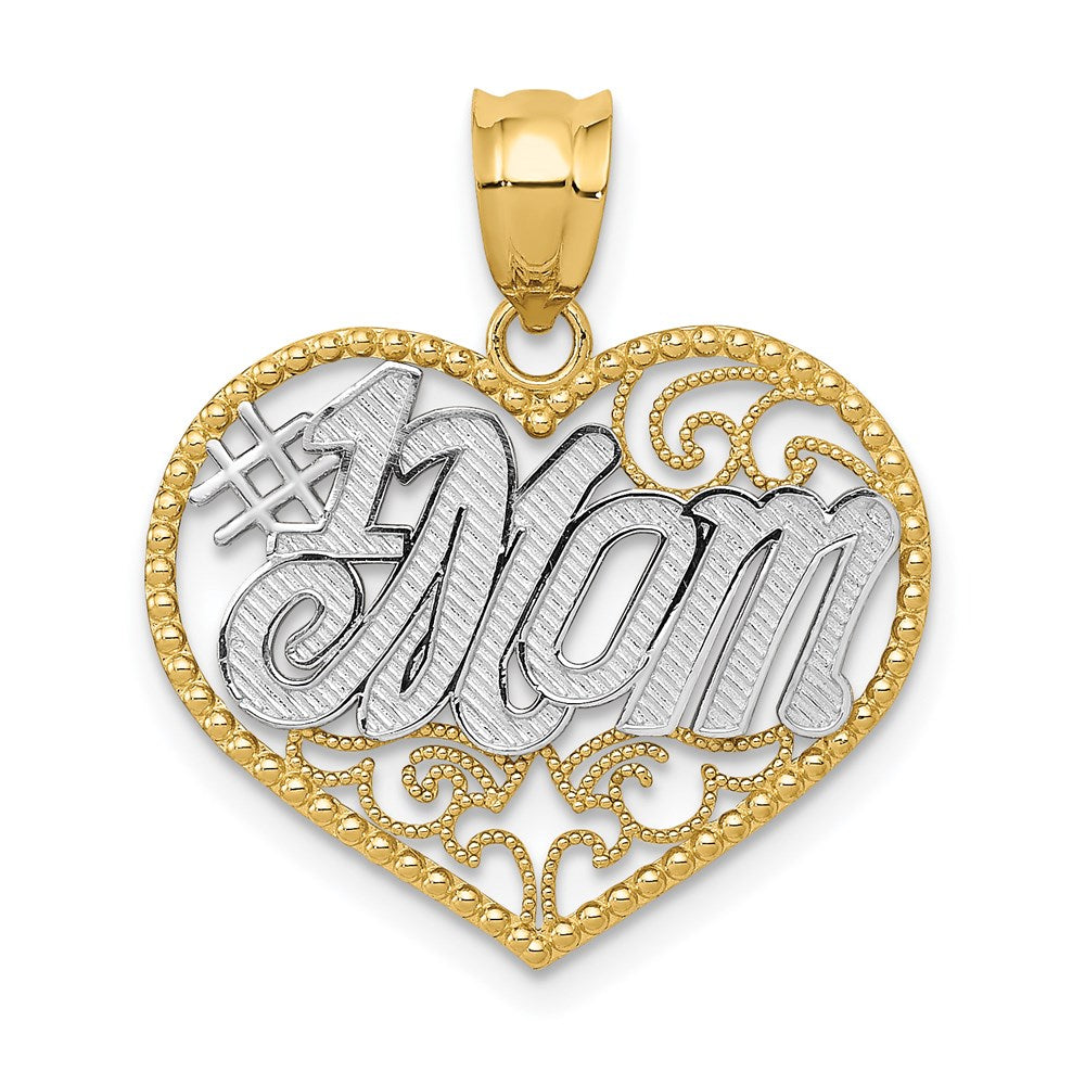 14k and White Rhodium Filigree #1 Mom Heart Pendant