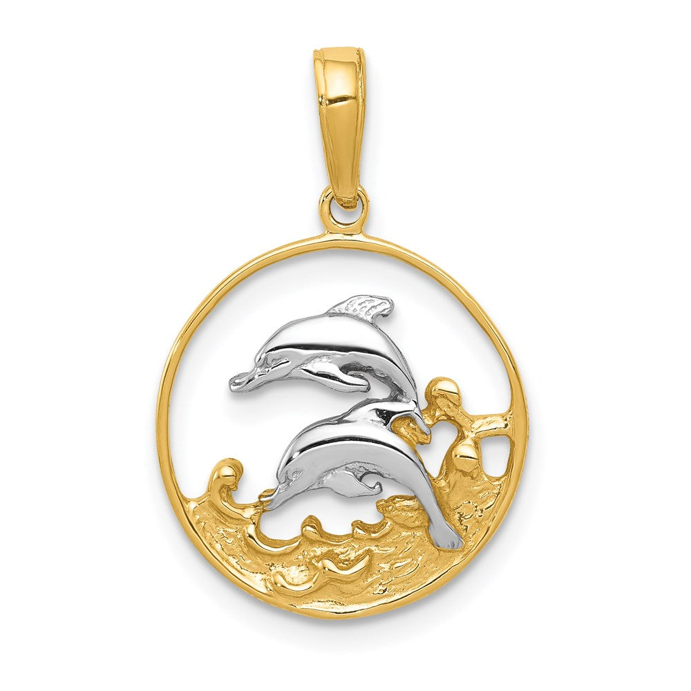 14K and Rhodium Double Dolphins In Circle Pendant