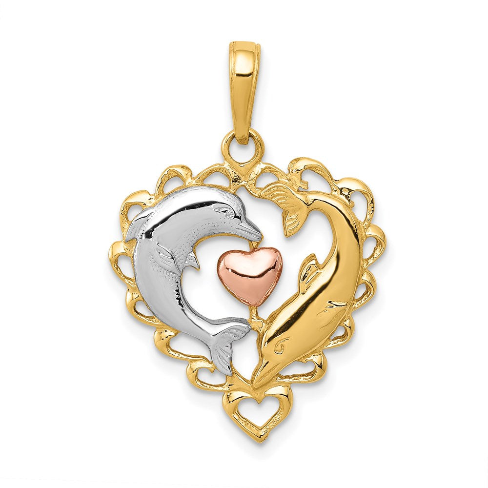 14K Two-Tone w/White Rhodium Dolphins In Heart Pendant