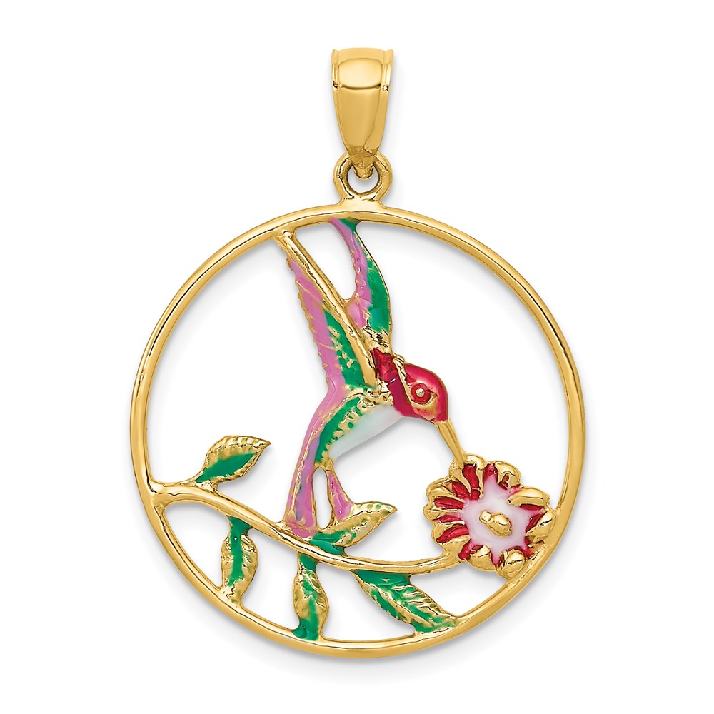 14K Enameled Hummingbird and Flower in Circle Pendant