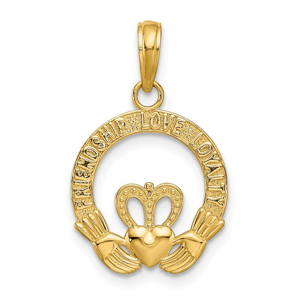 14k Satin Diamond-cut Flat-Backed Claddagh Pendant