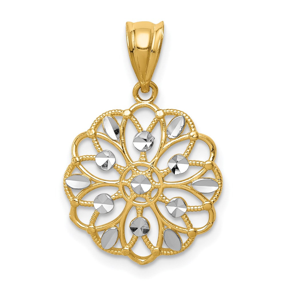 14K and White Rhodium Diamond-Cut Round Pendant