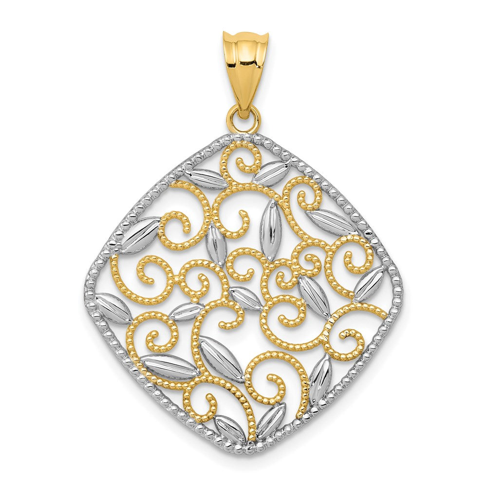 14K and White Rhodium Diamond-Cut Filigree Swirl Pendant