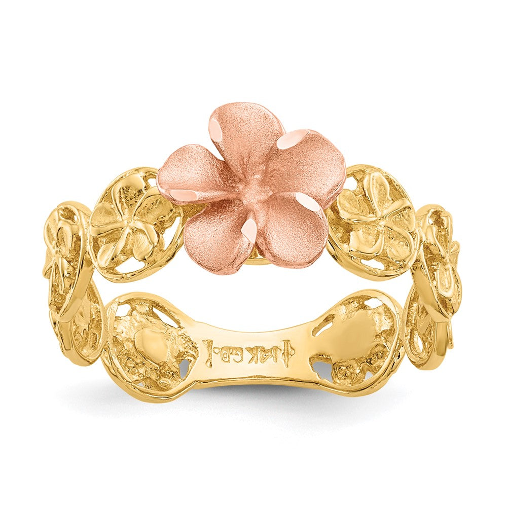 14k Yellow & Rose Gold Diamond-cut Plumeria Flower Ring