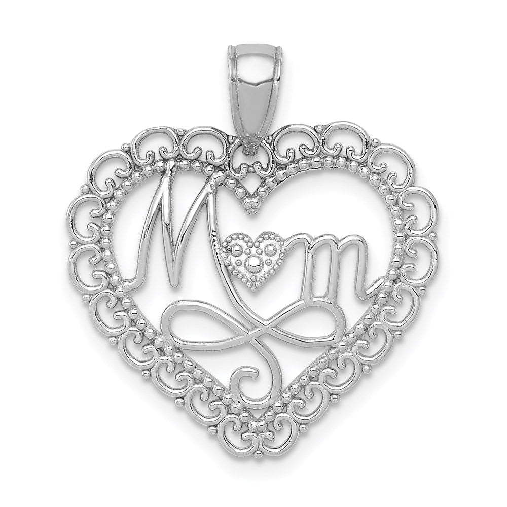 14K White Gold Polished MOM Scalloped Heart Pendant