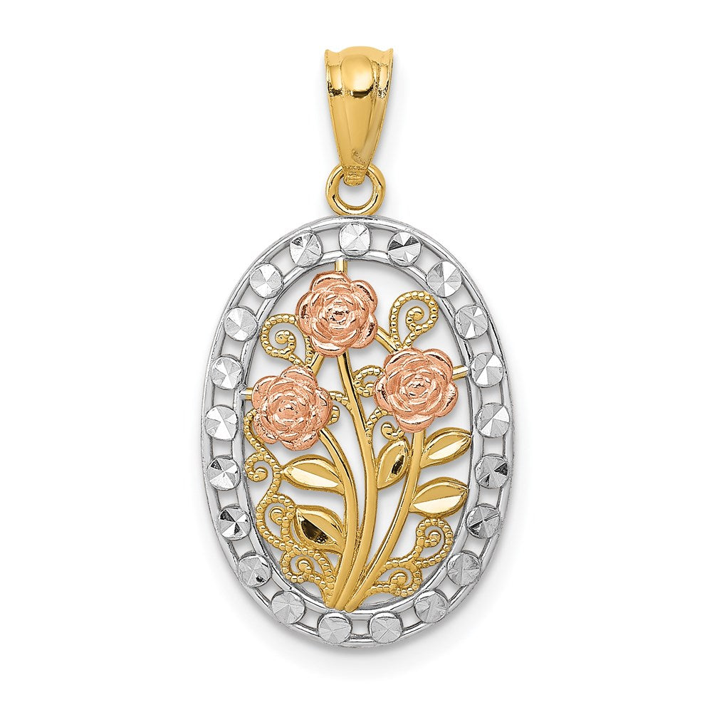 14k Yellow and Rose Gold with White Rhodium Oval 3 Rose Pendant