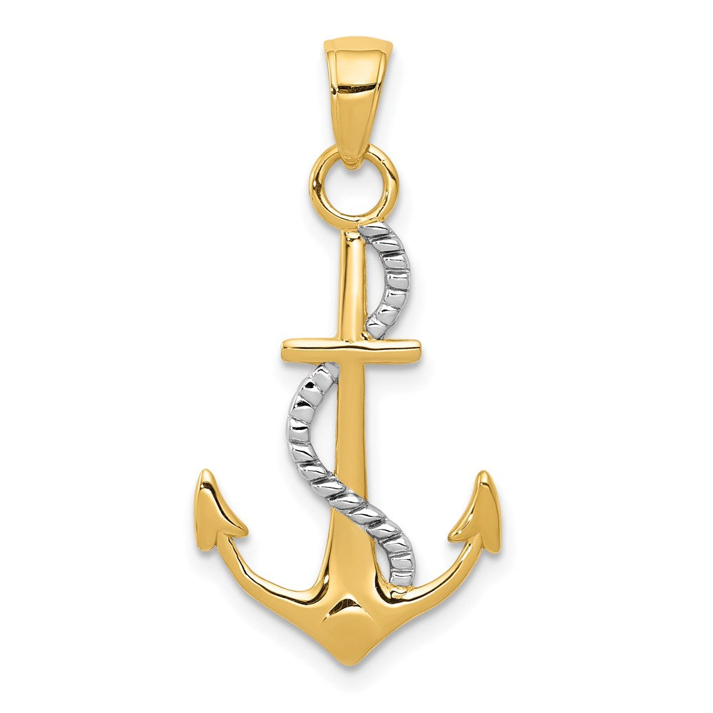 14K Two-tone Polished Anchor with Rope Pendant