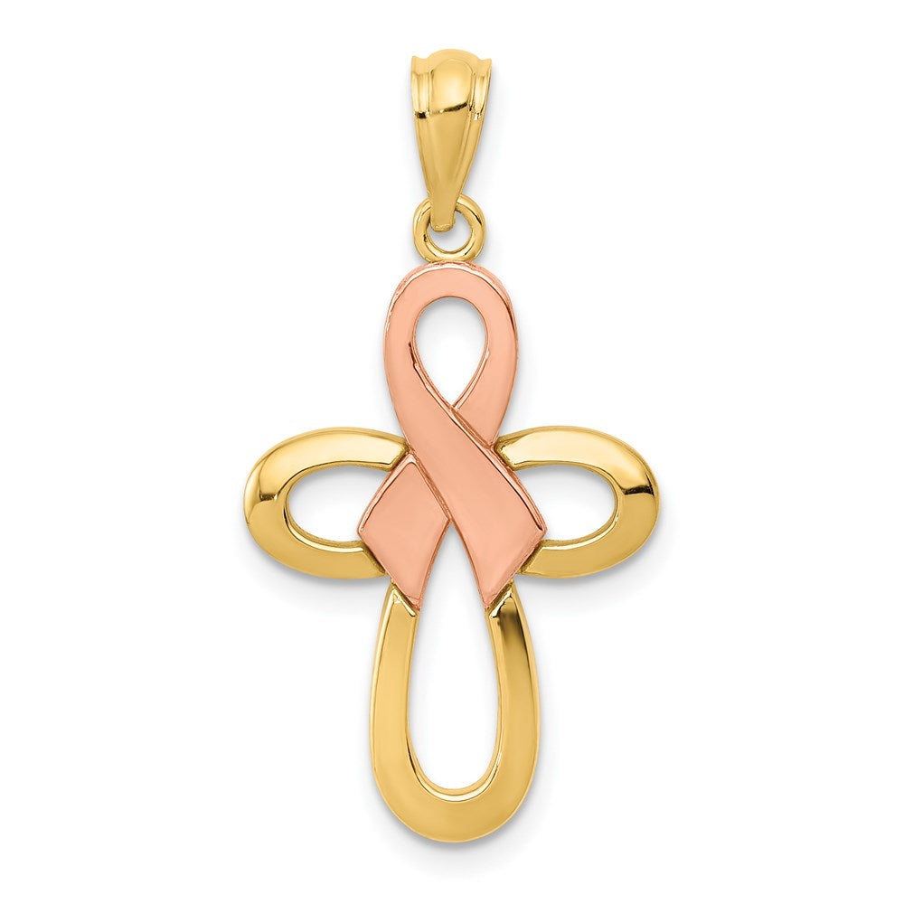 14K Two-tone Polished Pink Ribbon Cross Pendant