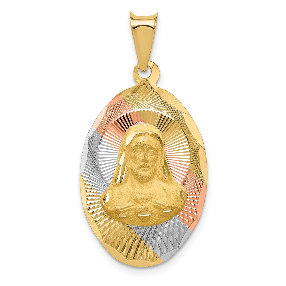 14K with Rose and White Rhodium Diamond-cut Solid Sagrado Corazon de Jesus Oval Pendant