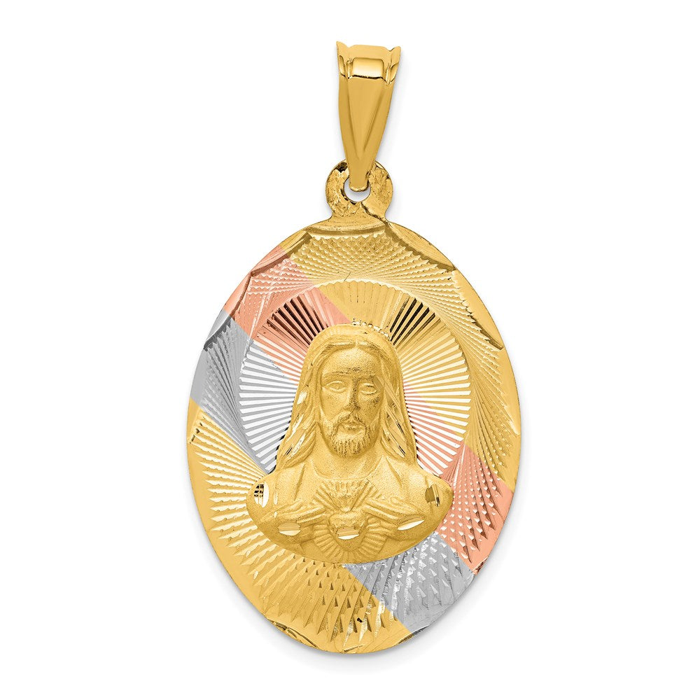 14K with Rose and White Rhodium Diamond-cut Solid Large Sagrado Corazon de Jesus Oval Pendant
