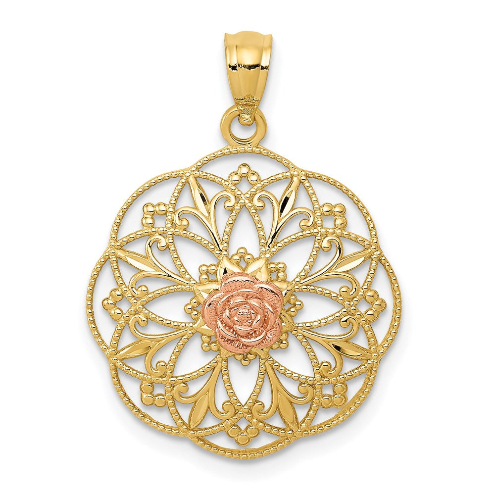 14k Two-tone Polished Rose in Round Filigree Charm