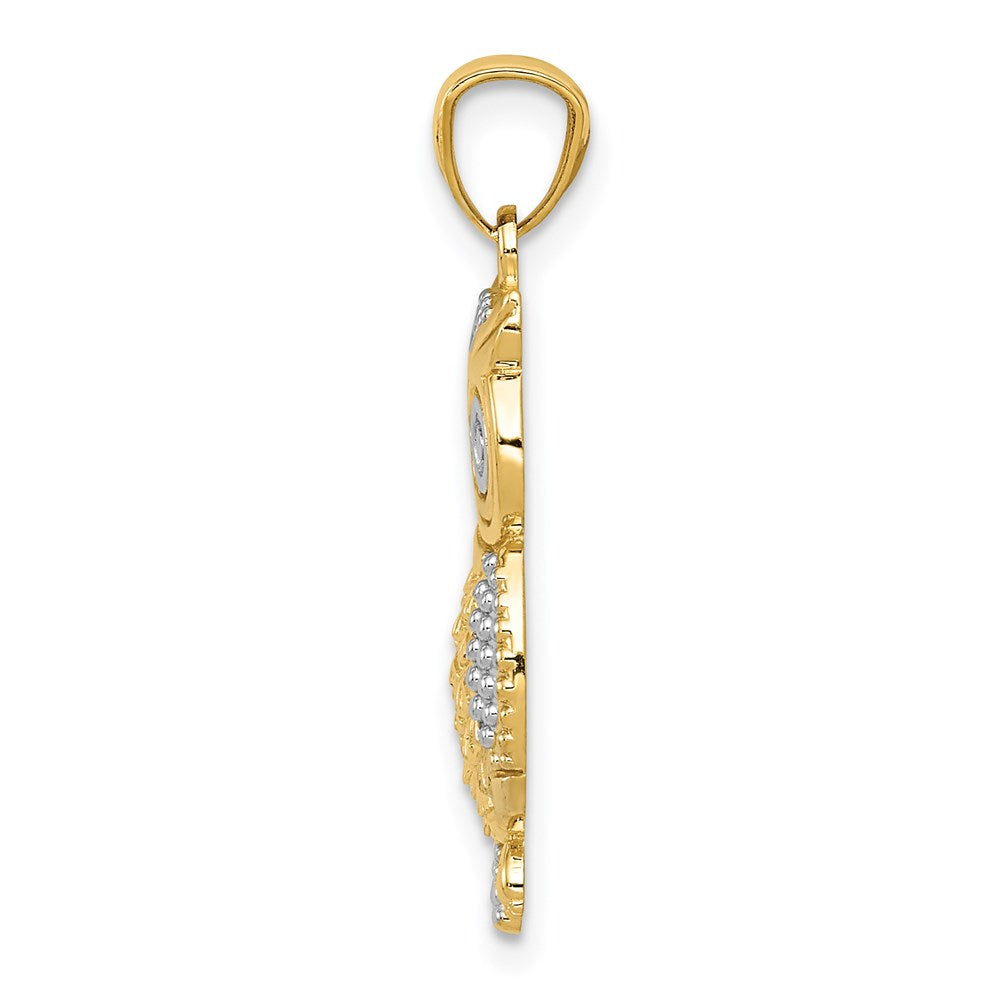 14K and White Rhodium Polished and Textured Owl Pendant