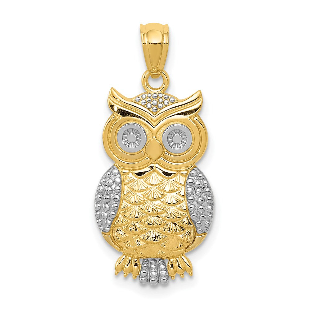 14K and White Rhodium Polished and Textured Owl Pendant
