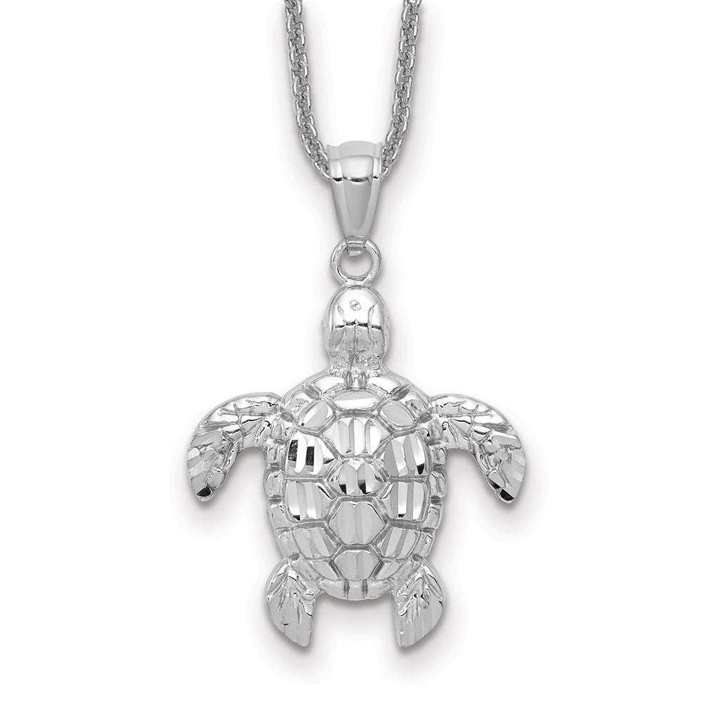 14k White Gold Diamond-cut Polished Sea Turtle Necklace