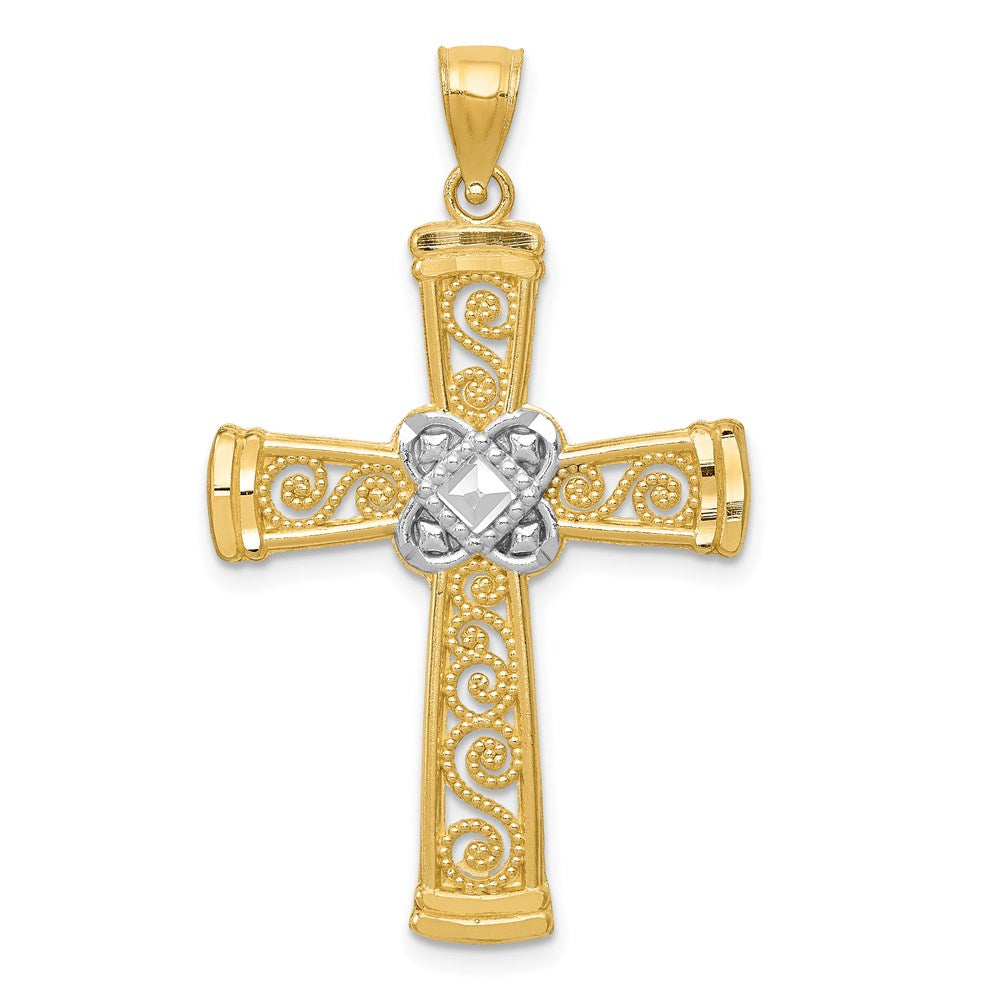 14k and White Rhodium Diamond-cut Filigree Cross Pendant